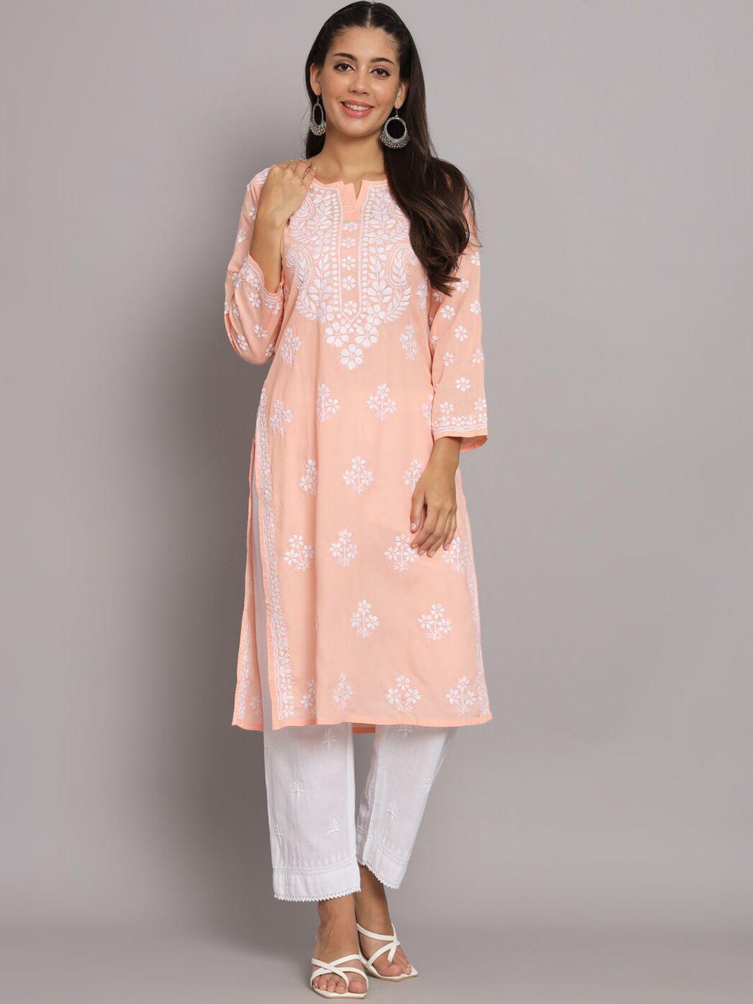 paramount chikan floral embroidered round neck with notched cotton chikankari kurta