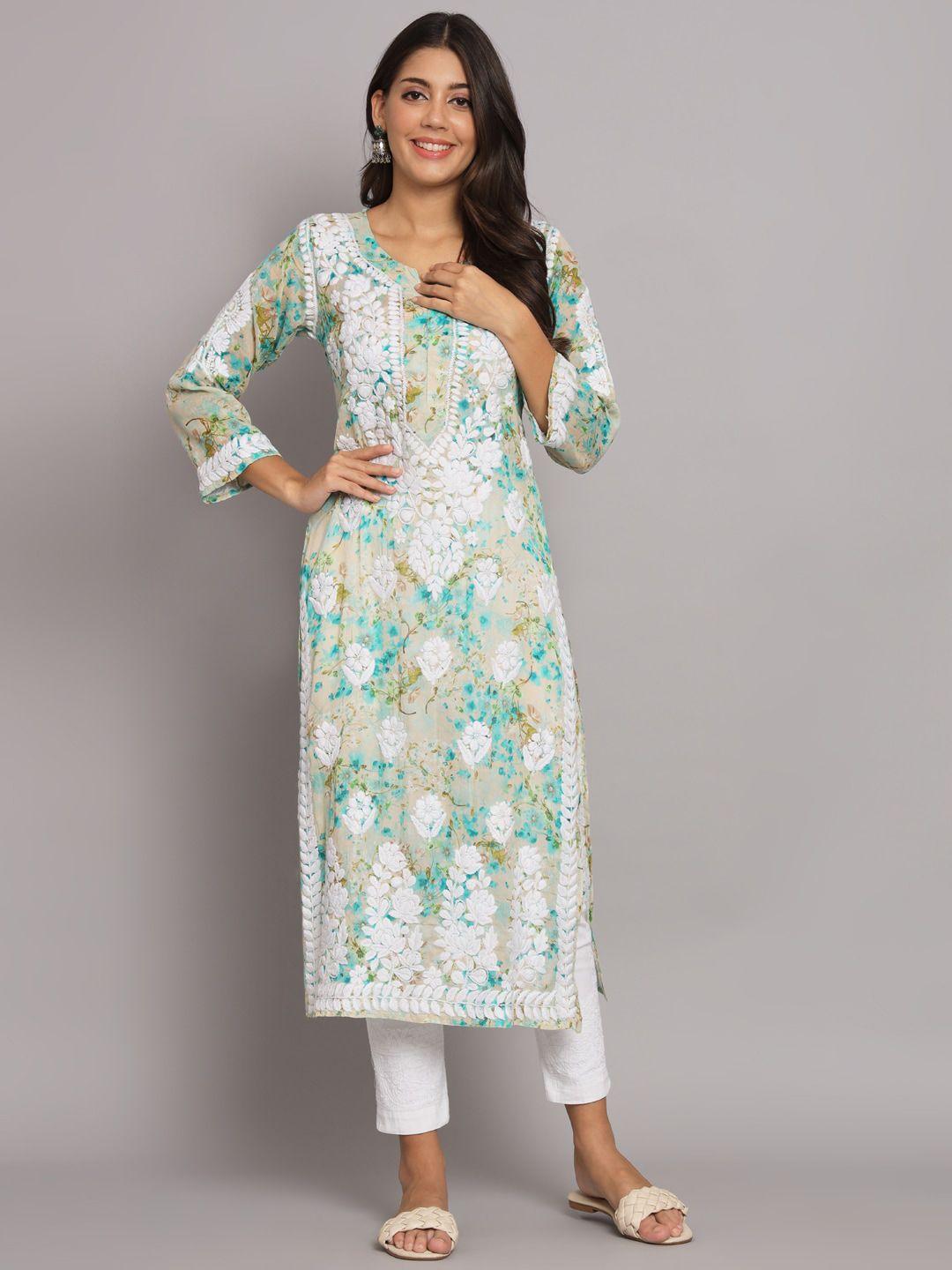 paramount chikan floral printed flared sleeves sequinned kaftan kurta