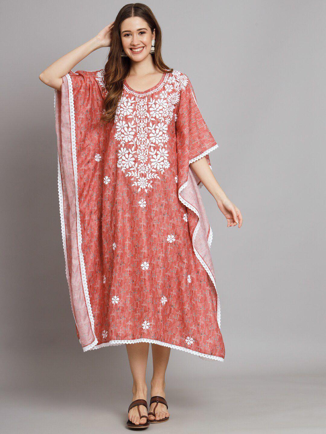 paramount chikan geometric printed embroidered cotton kaftan midi ethnic dress