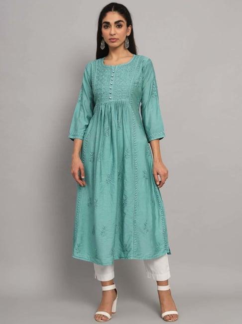 paramount chikan green chikankari a line kurta