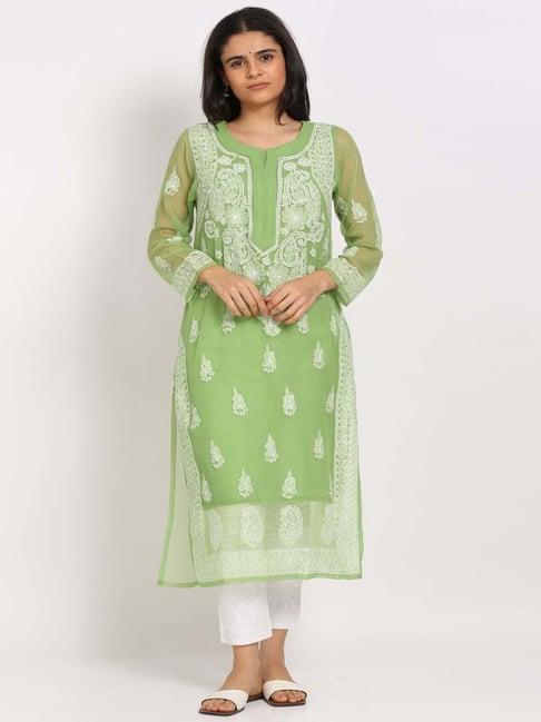 paramount chikan green chikankari straight kurta