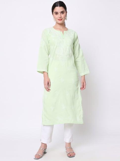 paramount chikan green cotton embroidered straight kurta