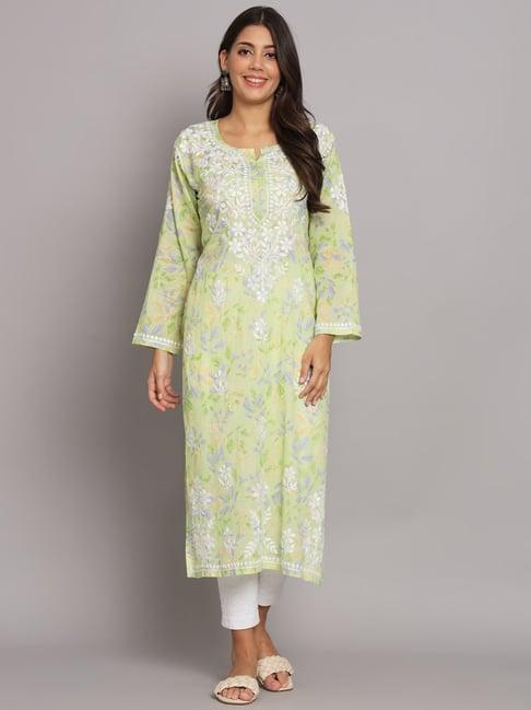 paramount chikan green cotton lucknowi chikankari straight kurta