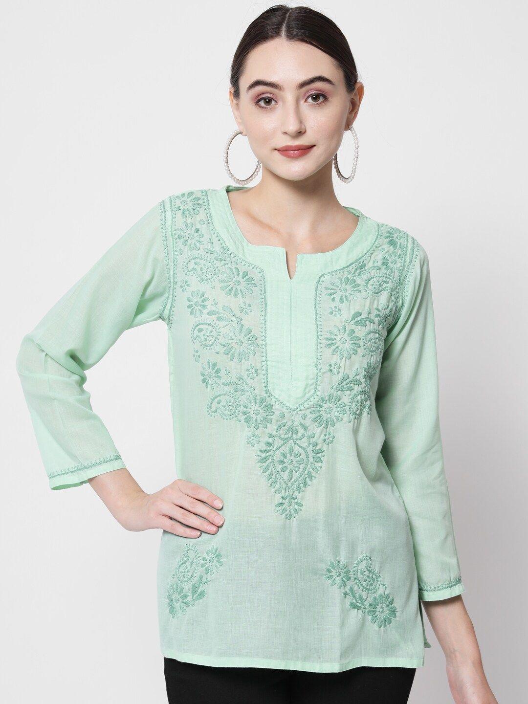 paramount chikan green ethnic motifs embroidered chikankari pure cotton chikankari kurti
