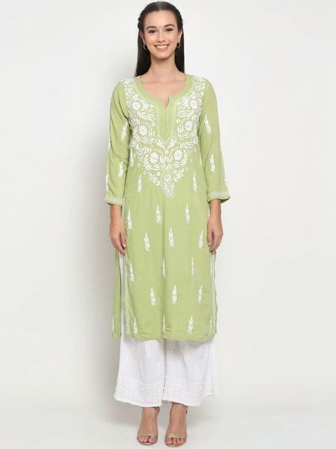 paramount chikan green hand embroidered chikankari straight kurta