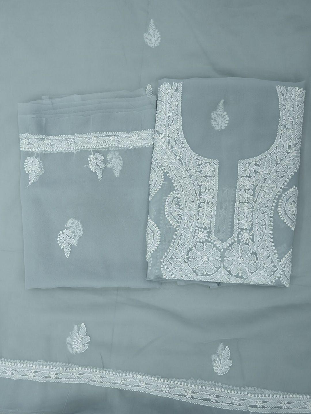 paramount chikan grey & white embroidered unstitched dress material