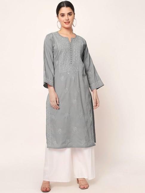 paramount chikan grey cotton hand embroidered chikankari straight kurta