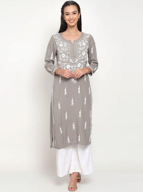 paramount chikan grey hand embroidered chikankari straight kurta