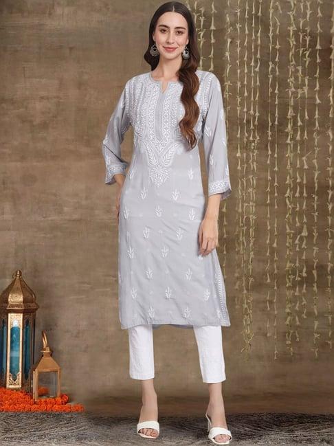 paramount chikan grey hand embroidered chikankari straight kurta