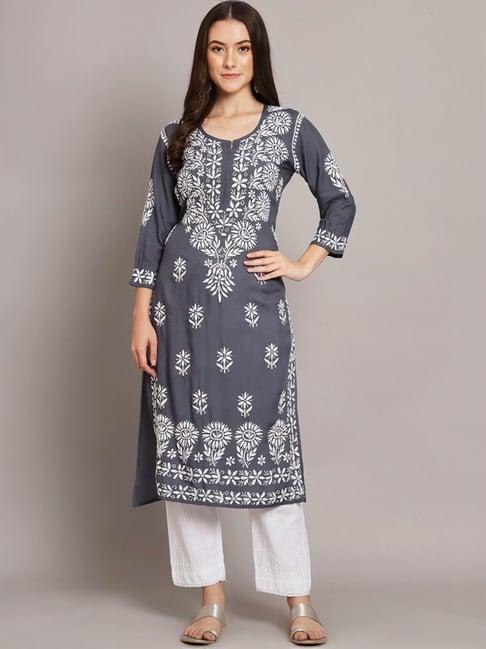 paramount chikan grey hand embroidered chikankari straight kurta