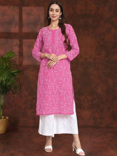 paramount chikan hot pink cotton hand embroidered chikankari straight kurta