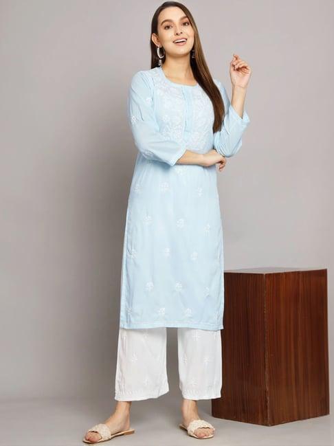 paramount chikan icey blue cotton hand embroidered chikankari straight kurta