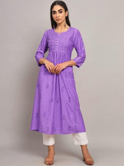 paramount chikan lavender hand embroidered chikankari flared kurta