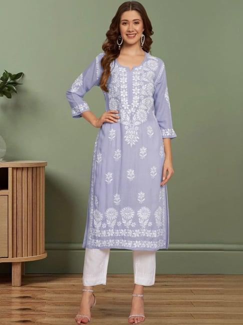 paramount chikan lavender hand embroidered chikankari straight kurta