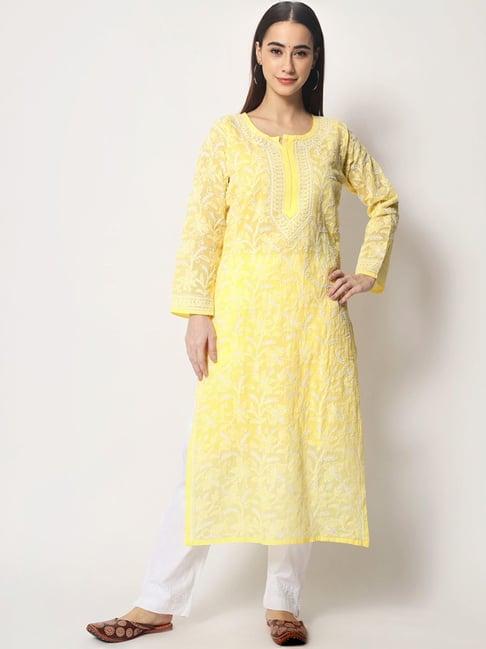 paramount chikan lemon yellow cotton hand embroidered chikankari straight kurta