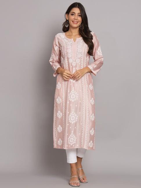 paramount chikan light beige chanderi lucknowi chikankari straight kurta