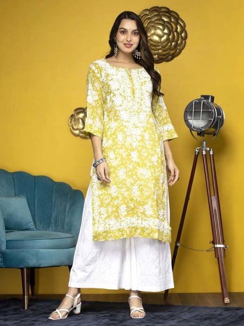 paramount chikan lime yellow cotton embroidered straight kurta