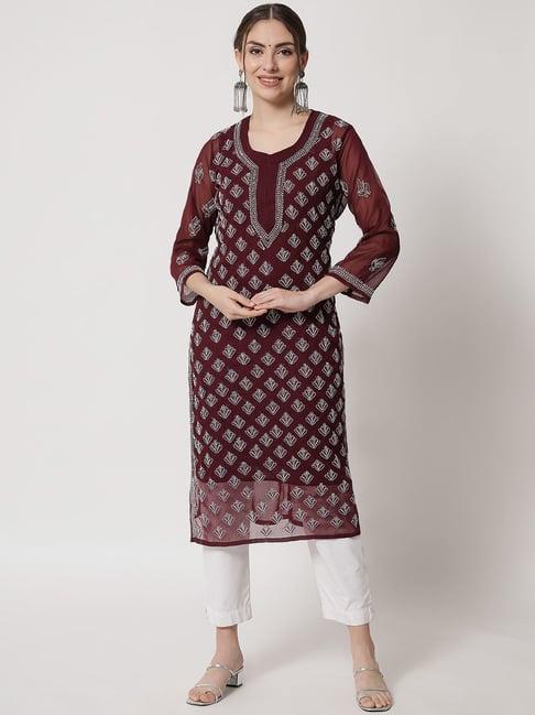 paramount chikan maroon chikankari straight kurta