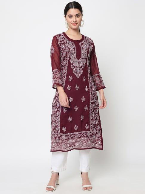 paramount chikan maroon chikankari straight kurta