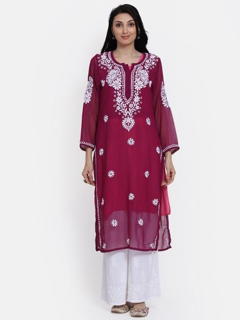 paramount chikan maroon chikankari straight kurta