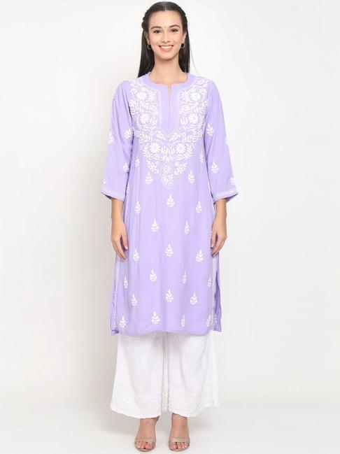 paramount chikan mauve hand embroidered chikankari straight kurta