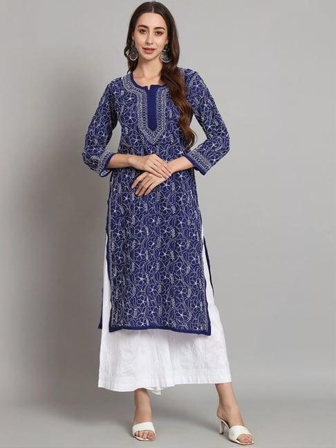 paramount chikan midnight blue cotton hand embroidered chikankari straight kurta