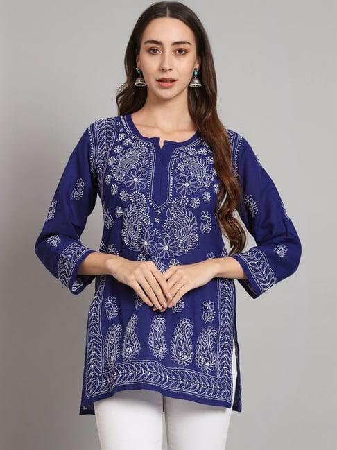 paramount chikan midnight blue cotton hand embroidered chikankari straight kurti