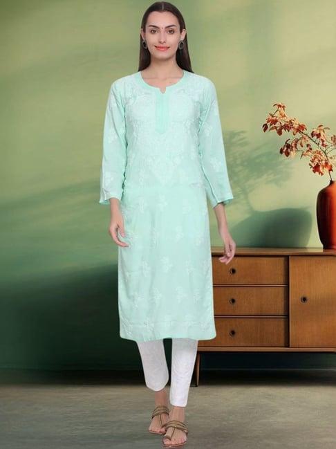 paramount chikan mild green hand embroidered chikankari straight kurta