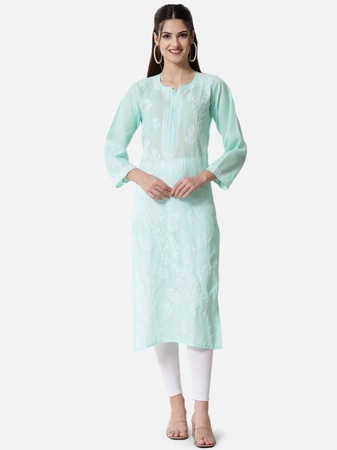 paramount chikan mint green cotton chikankari straight kurta