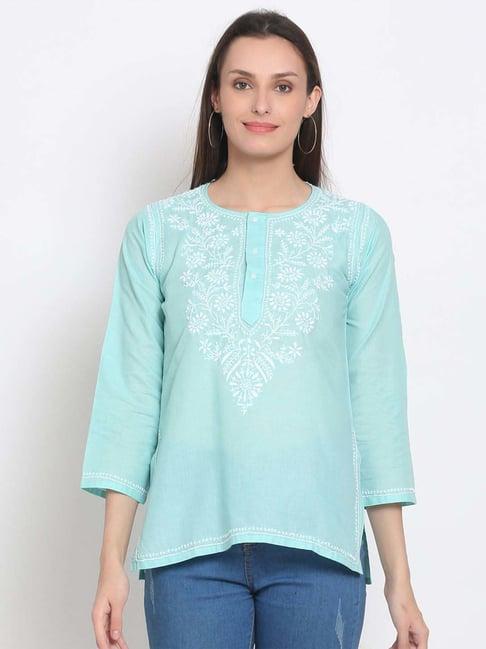 paramount chikan mint green cotton embroidered straight kurti