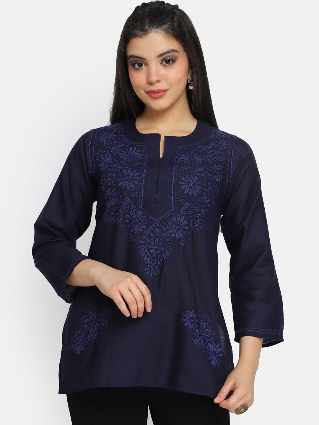 paramount chikan navy blue ethnic motifs embroidered chikankari kurti