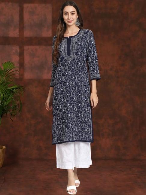 paramount chikan navy cotton hand embroidered chikankari straight kurta