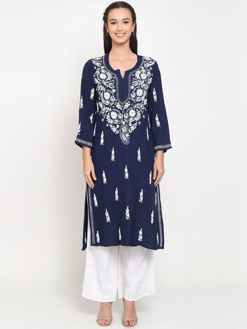 paramount chikan navy hand embroidered chikankari straight kurta