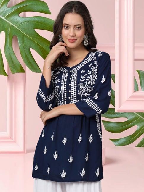 paramount chikan navy hand embroidered chikankari straight kurti