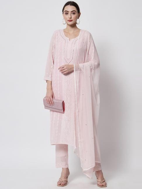 paramount chikan onion pink embroidered kurta pants set with dupatta