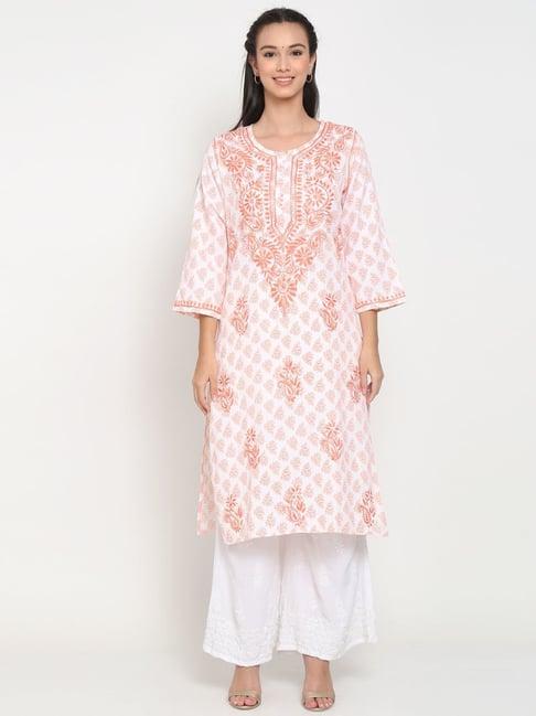 paramount chikan orange cotton chikankari straight kurta