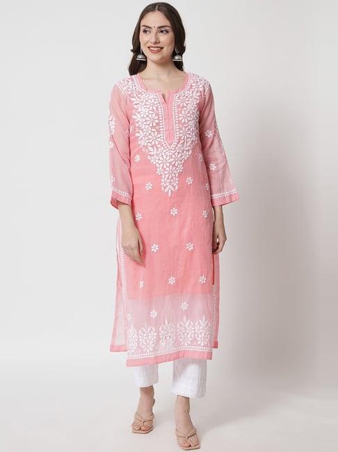 paramount chikan pastel pink chikankari straight kurta