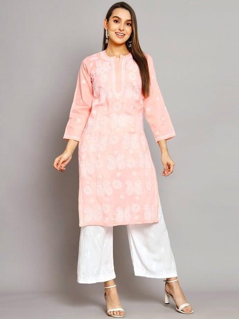 paramount chikan peach cotton chikankari straight kurta