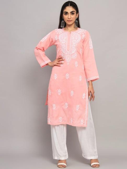 paramount chikan peach cotton chikankari straight kurta