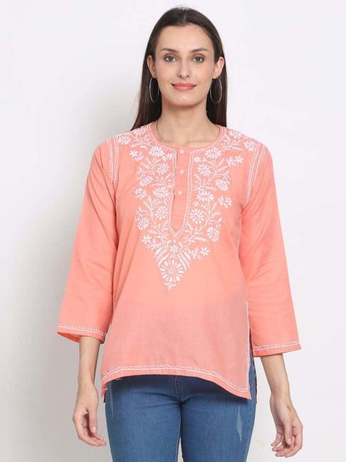 paramount chikan peach cotton embroidered straight kurti