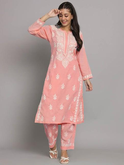 paramount chikan peach cotton lucknowi chikankari kurta pant set