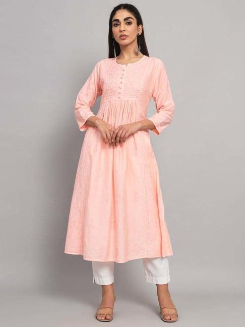 paramount chikan peach embroidered a line kurta