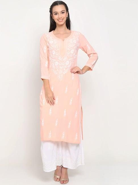 paramount chikan peach hand embroidered chikankari straight kurta