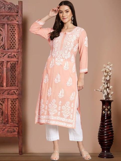 paramount chikan peach hand embroidered chikankari straight kurta