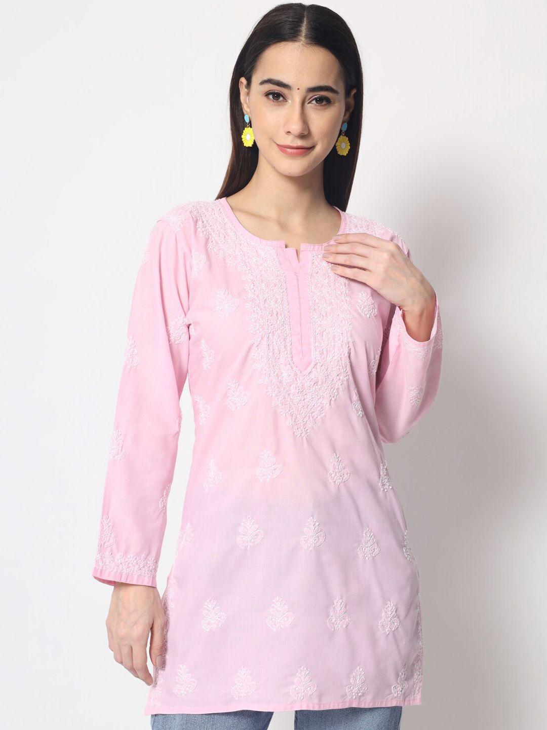 paramount chikan pink & white ethnic motifs embroidered chikankari pure cotton kurti