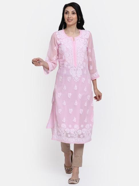 paramount chikan pink chikankari straight kurta