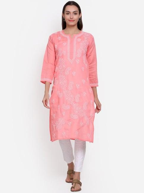paramount chikan pink cotton chikankari straight kurta