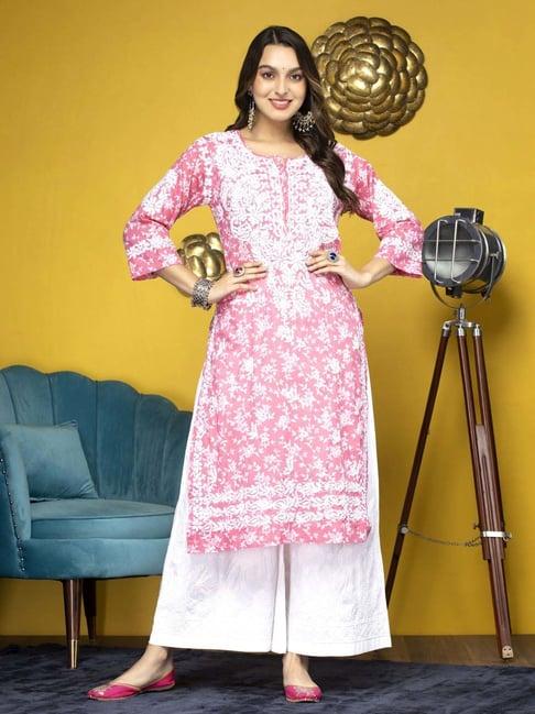 paramount chikan pink cotton chikankari straight kurta