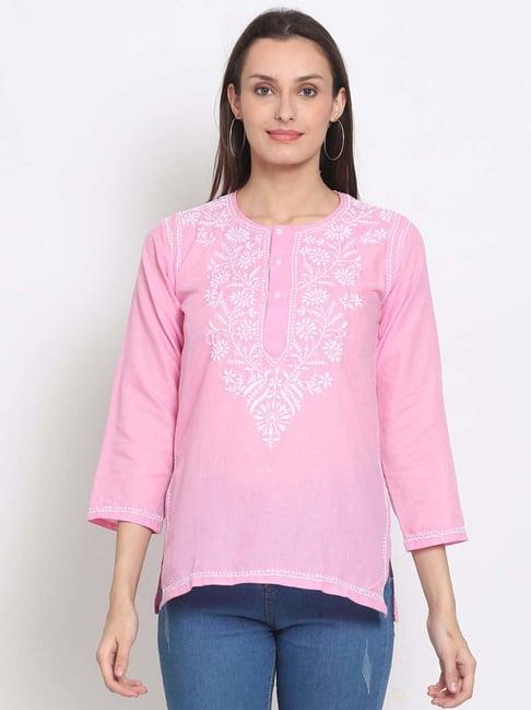 paramount chikan pink cotton chikankari straight kurti