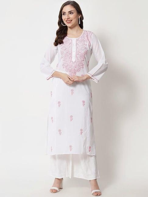 paramount chikan pink cotton hand embroidered chikankari straight kurta